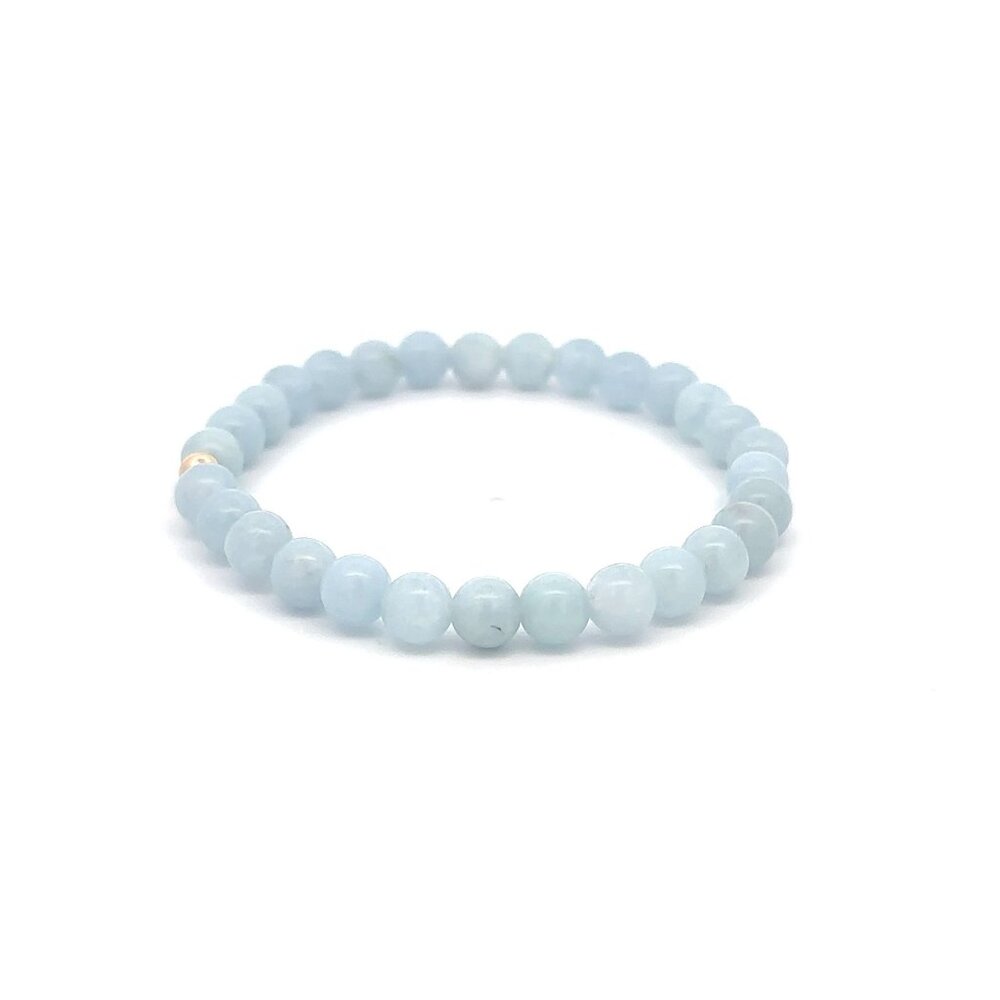 Natural Aquamarine 6mm Gemstone Stretch Bracelet with 14K Gold Polished Bead - Picture 4 of 6